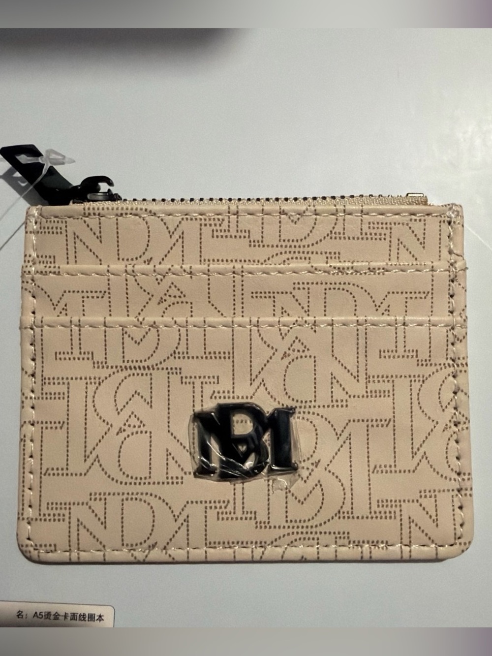 Badgley Mischka Beige Logo Zip Card Wallet with Black BM Accent